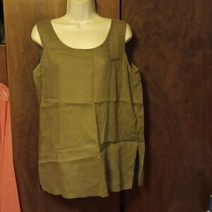 NWT EILEEN FISHER TAUPE ARMY GREEN IRISH LINEN TANK MEDIUM